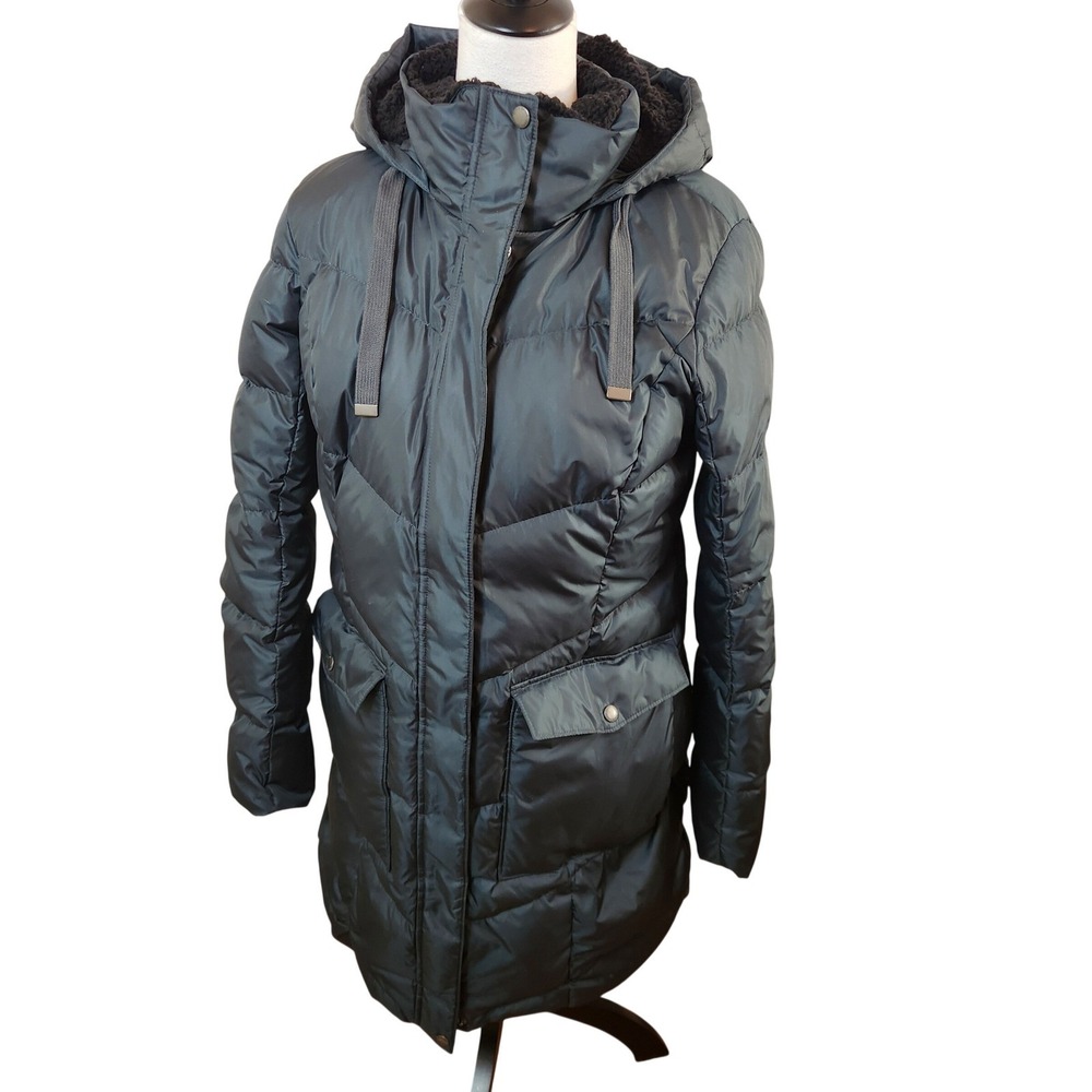Eddie Bauer Womens Large Long Puffer Jacket Black Hooded Goose‎ Down Coat
